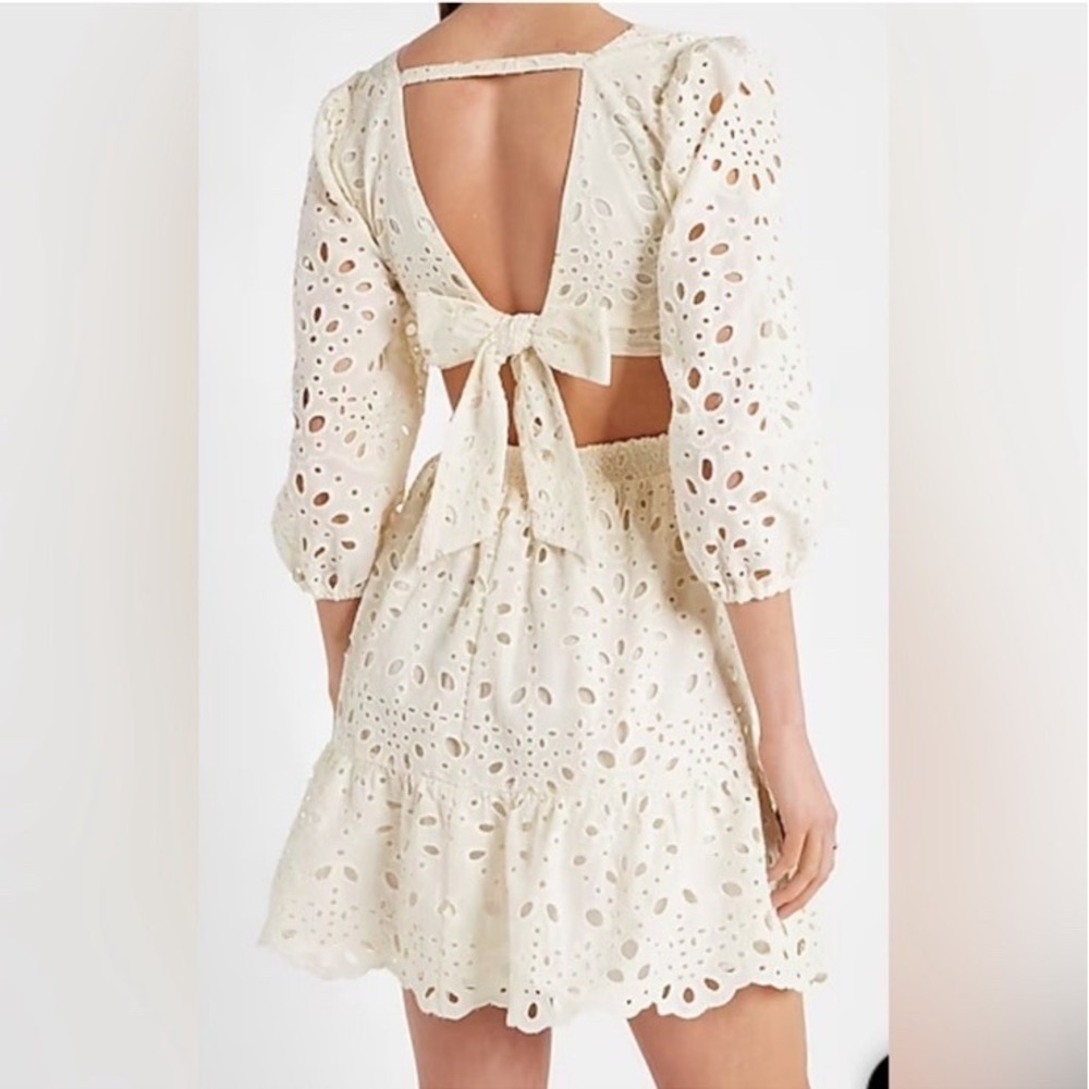 NWT Express Eyelet Cutout Tie Back Mini Dress Sz XL Boho 100% Cotton Lined